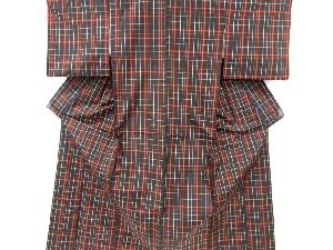 格子模様織り出し　米沢紬着物アンサンブル